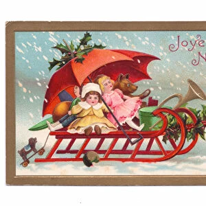 Edwardian New Year postcard of two dolls and a teddy bear on a sleigh in the snow, c