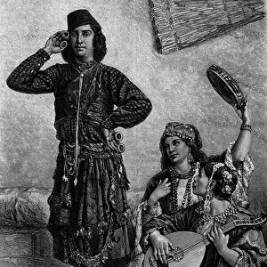 Egyptian musicians and dancers. Man holds cymbals between his fingers