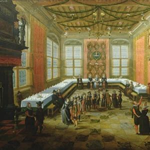 Elegant Figures Congregating in a Banqueting Hall (oil on panel)