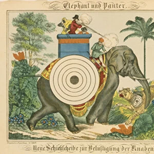 An elephant and panther with targets, from Neuruppiner Bilderbogen, 1850 (colour litho)