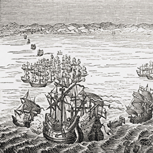 The English Fleet, commanded by Sir Francis Drake, attacking the Spanish Armada in 1588