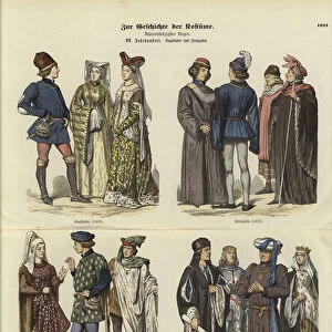 English and French costumes, 15th Century (coloured engraving)
