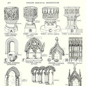 English Mediaeval Architecture; Fonts; Piscinas; Tabernacles; Sedilia (litho)