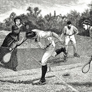 Engraving depicting a friendly doubles tennis match