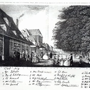 Engraving of Tunbridge Wells and its fashionable and celebrated visitors promenading in