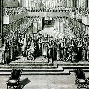 The Enthroning of King James II and Queen Mary (engraving) (b / w photo)