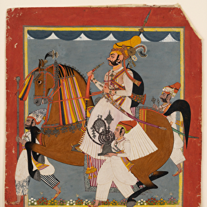 Equestrian Raja Bhim Singh with hookah and servants, c. 1820 (opaque w / c