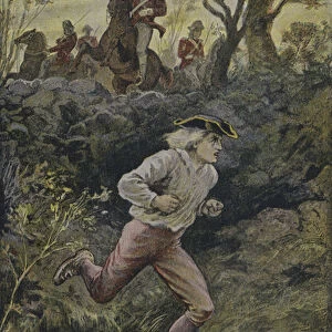 The escape of Harvey Birch: illustration from The Spy, by James Fenimore Cooper (colour litho)
