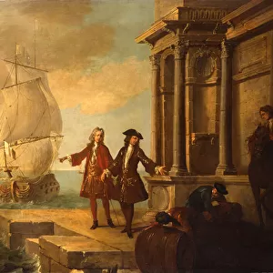 Europe - European merchants with stevedores handling a barrel and a bale on a quay