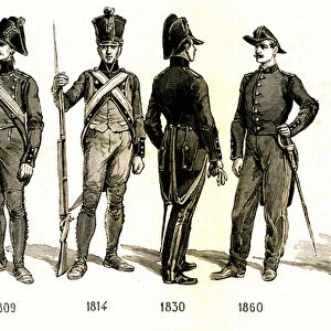 Evolution of the Ecole Polytechnique uniform between 1809 and 1890, 1890 (engraving)
