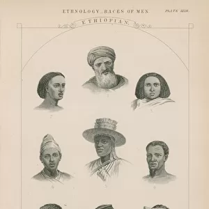 Nine faces of Ethiopian people (engraving)