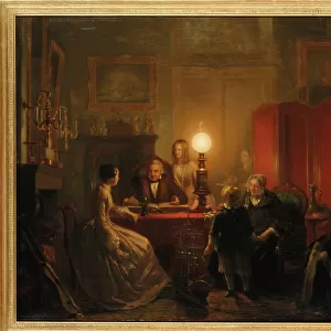 A family gathered around a lamplit table, 1854 (oil on canvas)