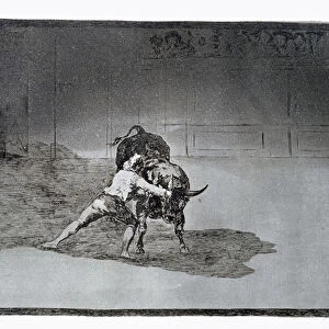 The famous Martincho (probably Antonio Ebassum) places the banderillas, playing the bull with the movement of his body, plate 15 of The Art of Bullfighting, pub. 1816 (etching)