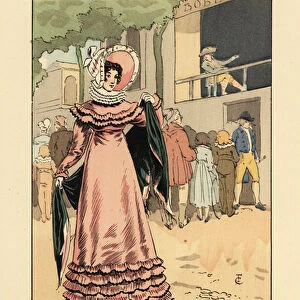 Fashionable woman at an outdoor dramatic show. The Lesser Theatres, 1819. Woman in bonnet, lace ruff collar, frilled dress and shawl. Crowd of children and adults watching a play. Handcoloured lithograph by R. V