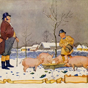 Feeding the pigs on a farm in winter (colour litho)