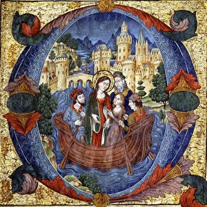 Female Saint in a boat with a courtly couple and two boatmen