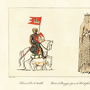Ferdinand III, King of Castille, with helm, hauberk, tunic, sword, pennant, shield with coat of arms, and Beatrice of Burgundy, Lady of Bourbon, wife of Robert of Clermont, 1257-1310, from her tomb effigy in Cordeliers Convent de Champagne