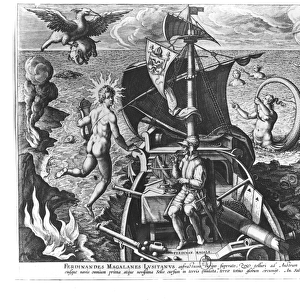 Ferdinand Magellan (c. 1480-1521) on board his caravel, 1522 (engraving) (b / w photo)