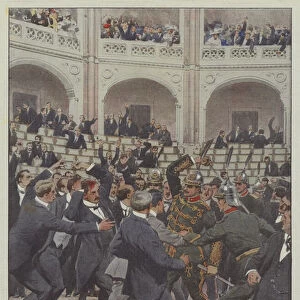 Fierce partisan struggles in the Hungarian Chamber, a deputy wounded by sabers inside the courtroom from... (colour litho)