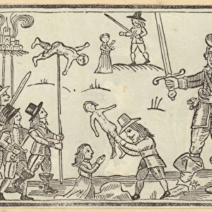 Figures of soldiers wielding swords against children (woodcut)
