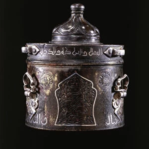 A very fine East Persian silver and copper inlaid bronze inkwell and cover, (silver