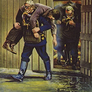 Firemen rescuing people from a burning building (colour litho)