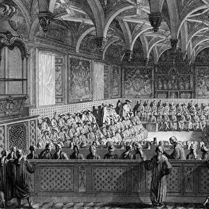 First of the French Revolution: Extraordinary session held by Louis XVI (1754-1793) at the Palace of Versailles on 19 November 1787. Drawing by Meunier and Girardet grave by C Niquet. Paris, Library of the Institute of History of Revolution