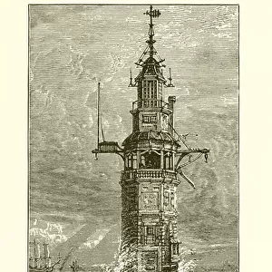 The First Lighthouse Erected on Eddystone Rocks. Built by Winstanley, 1696--1700, Destroyed by a Storm, 1703 (engraving)