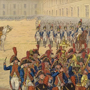 First review of the consular guard on the parade ground at the Tuileries Palace (colour litho)