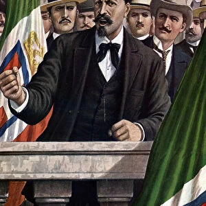 First World War: Italian irredentist Cesare Battisti (1875-1916) during the interventionist speech in the Capitalia in Rome, 17 / 05 / 1915"(Entrance of Italy in WWI: interventionist speech of Cesare Battisti in Campidoglio)