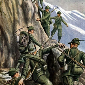 First World War: Italian mountain troops alpini Illustration by Tancredi Scarpelli (1866-1937) from "Storia d Italia"by Paolo Giudici, 1930 Private Collection