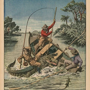 A fisherman astride a crocodile, back cover illustration from Le Petit Journal