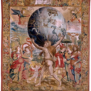 Flemish tapestry. Series The Spheres. Hercules supporting the celestial sphere (Hercules sostiene la esfera celeste). First tapestry in the series. Model Barend van Orley or Pieter Coecke van Aelst. 1525-1530