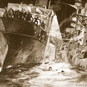 Flight-Lieutenant Rutland saving a wounded seaman who had fallen into the sea (litho)