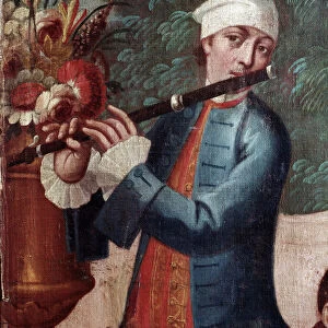 Flute player (Screen detail, painting, 17th century)