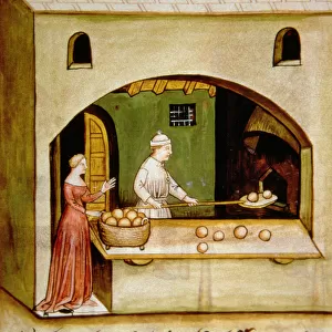 Fol. 63r Baking White Bread, illustration from Tacuinum Sanitatis Codex Vindobonensis (vellum)