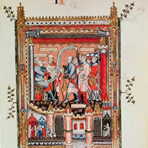 Fr 2091 fol. 129 Sisinnius giving orders to St. Denis and his companions brought before