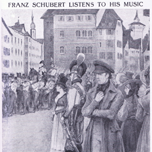 Franz Schubert listens to his music in the streets of Vienna (litho)