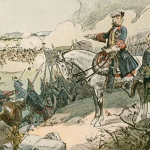 Frederick the Great (1712-1786) at the Battle of Hohenfriedberg in 1745 (colour litho)