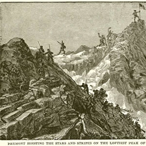 Fremont hoisting the Stars and Stripes on the Loftiest Peak of the Rocky Mountains (engraving)