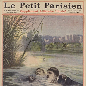 A French Army officer drowned in an attempt to save two of his men (colour litho)