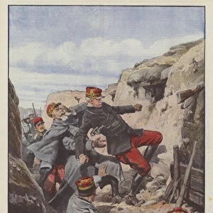 French generals Maunoury and De Villaret are wounded by the same past bullet... (colour litho)