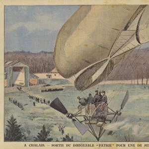 The French military airship Patrie setting out on a flight from Chalais (colour litho)