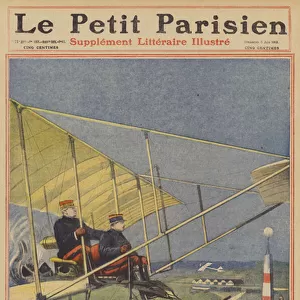 The French Minister of War taking his first flight in an aeroplane (colour litho)