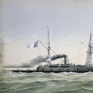 French Navy ironclad coastguard vessel Le Rochambeau, c. 1870 (colour litho)
