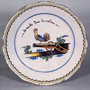 French revolution: plate on which is drawn a rooster "I watch for the nation"