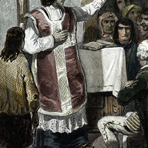 French Revolution: a refractory priest (clergy member) preaching during a clandestine mass at the times of the Terror, 1843 (engraving)