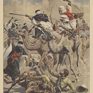 French soldiers battling the Tuaregs in the Sahara (colour litho)