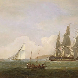 A frigate running under full sail, with a cutter and a lugger off the West Country