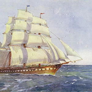A full-rigged sailing ship (colour litho)